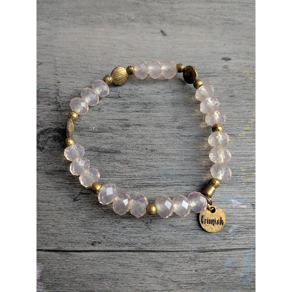 Erimish Faceted Pink Bead Stretch Bracelet Antique Gold Tone Charm Boho Stack